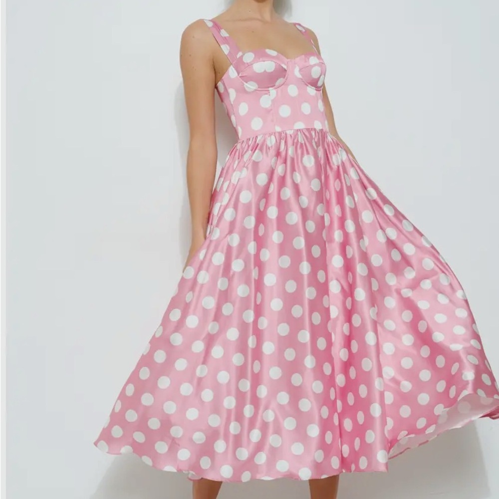 Pink Polka Dot Midi Dress with Sweetheart Bodice
